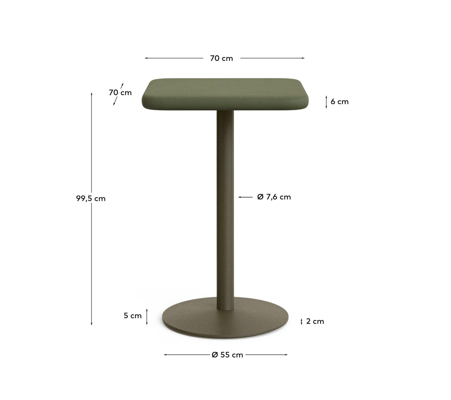 Tavolo alto da esterno Esilda con piano in cemento verde 70 x 70 cm e piede in acciaio verde Ø 55 x 96 cm