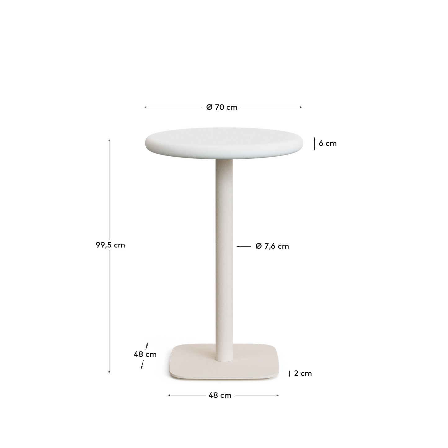 Tavolo alto rotondo da esterno Dina con piano in cemento bianco Ø 70 cm e base in acciaio bianco 48 x 48 x 96 cm