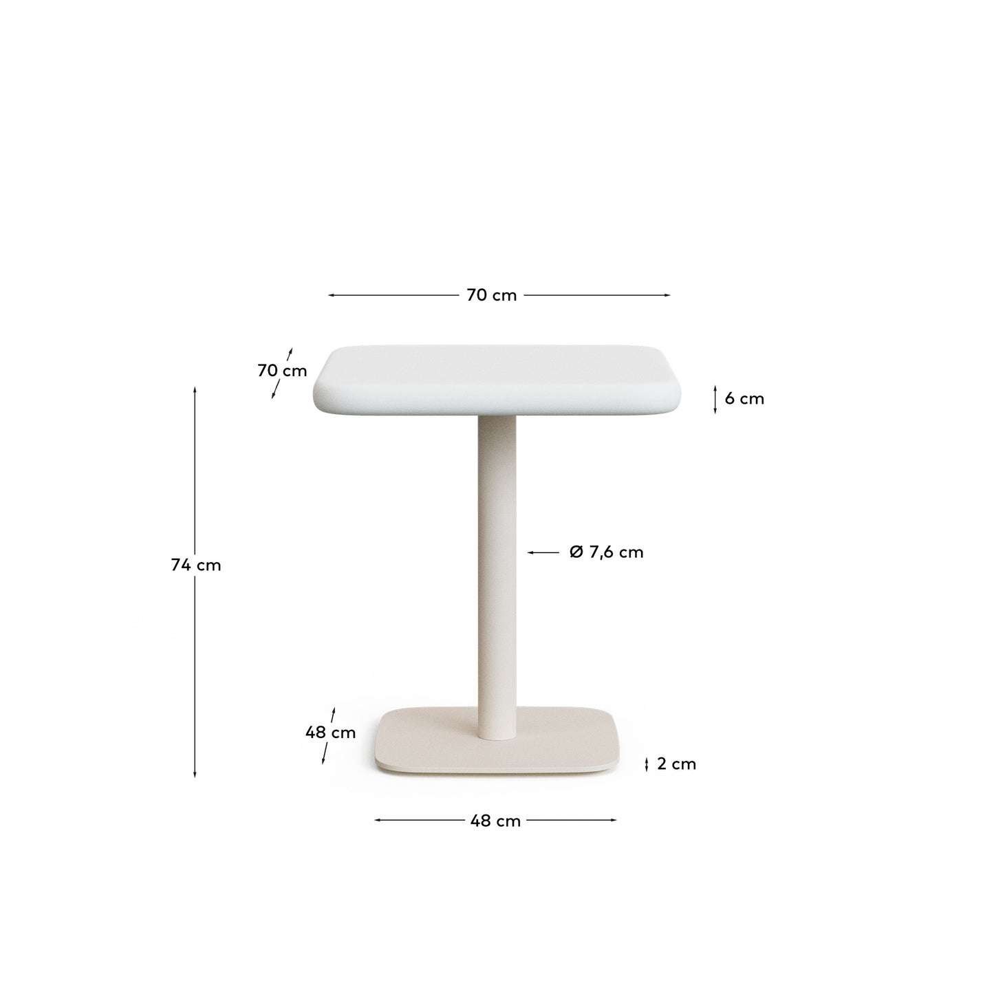 Tavolo da esterno Dina con piano in cemento bianco 70 x 70 cm e piede in acciaio bianco 48x48x72 cm
