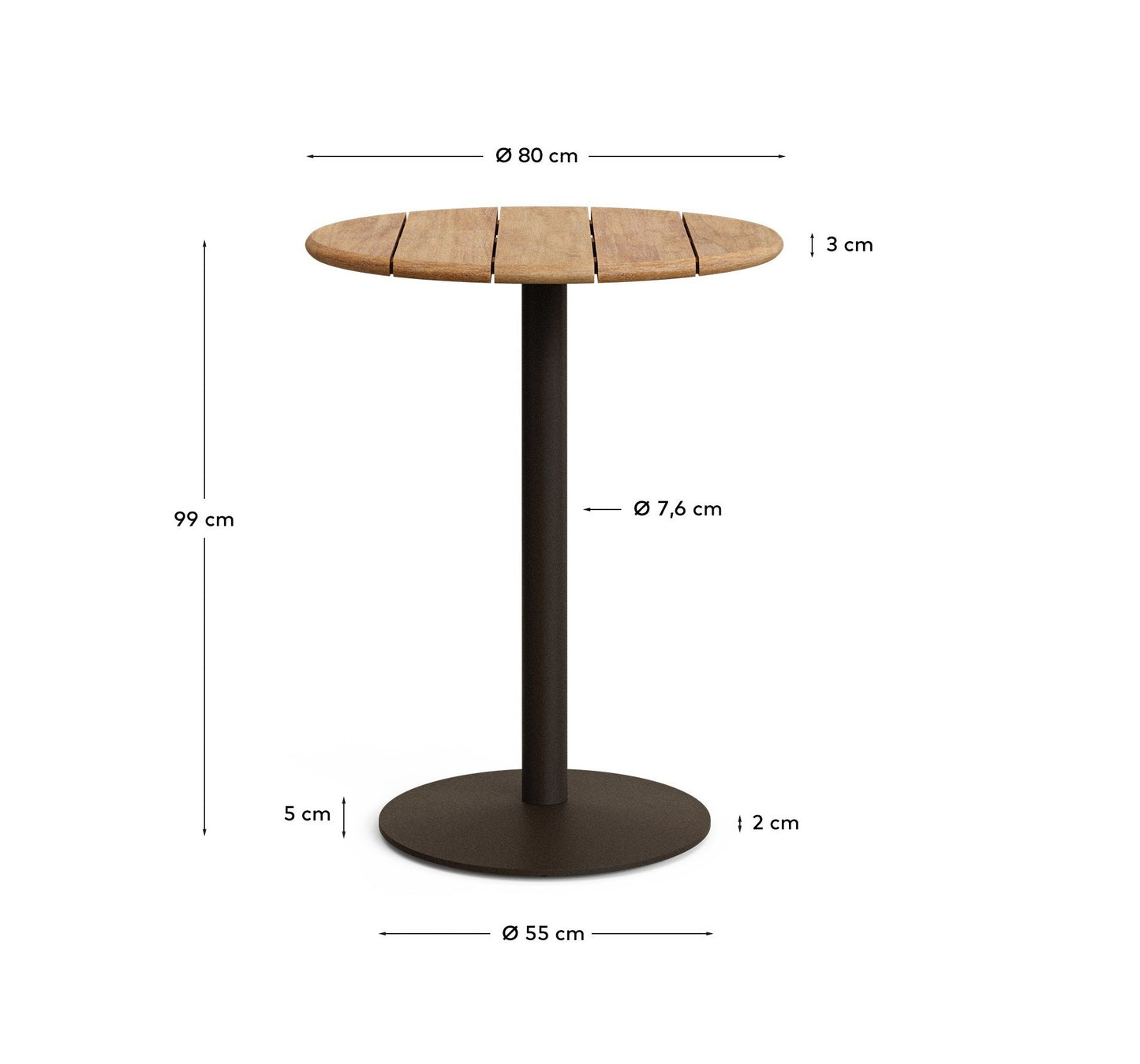 Tavolo alto rotondo da esterno Esilda con piano in acacia 100% FSC Ø 80 cm e base in acciaio verde Ø 55 x 96 cm