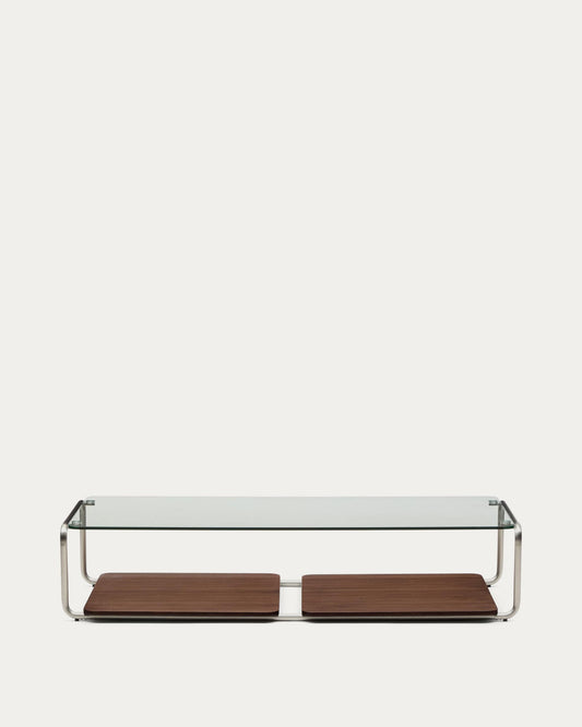 Tavolino Tarsel in vetro temperato e vassoio impiallacciato in noce con struttura in acciaio inox spazzolato 140 x 60 cm