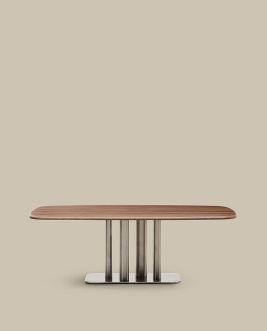Tavolo Melvar in impiallacciato di noce e gambe con base in acciaio inox spazzolato 220 x 110 cm