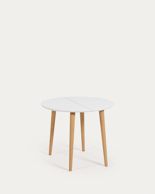 Tavolo rotondo allungabile Oqui MDF laccato bianco e gambe in faggio massiccio 90 (170) x 90 cm