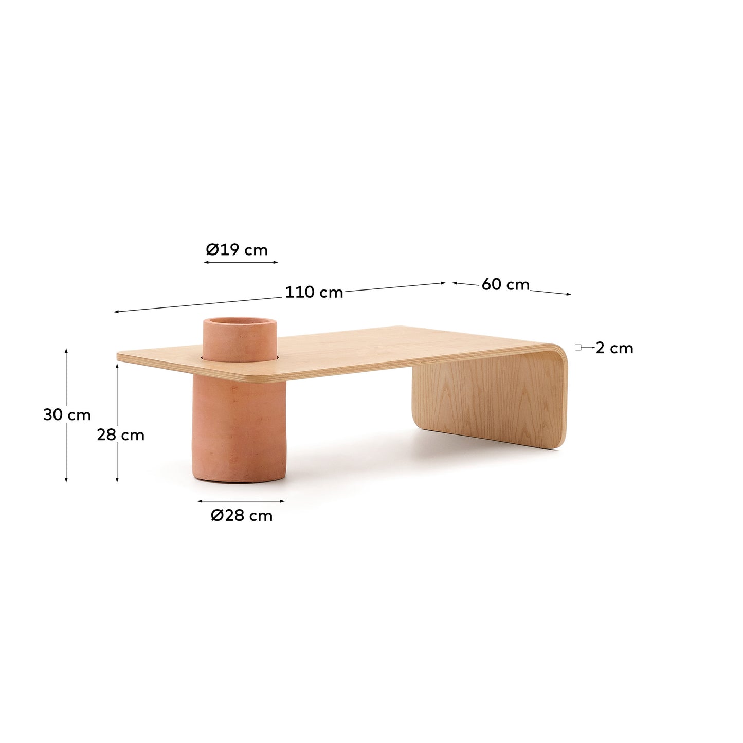 Tavolino Olaria in terracotta e impiallacciatura in rovere con finitura naturale 110 x 60 cm