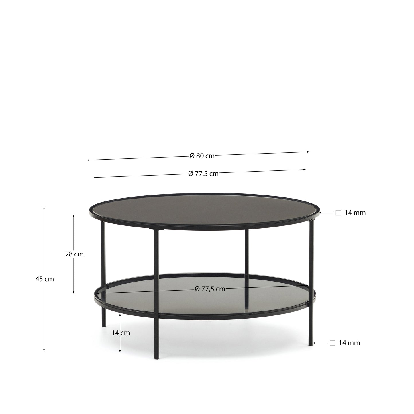 Tavolino Gilda in vetro temperato e metallo finitura verniciato nero opaco Ø 80 cm