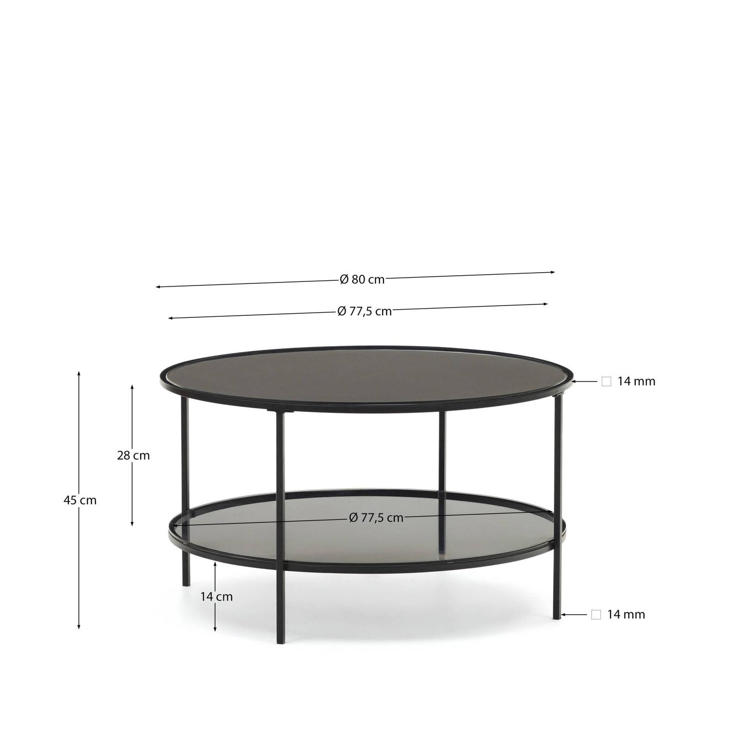 Tavolino Gilda in vetro temperato e metallo finitura verniciato nero opaco Ø 80 cm