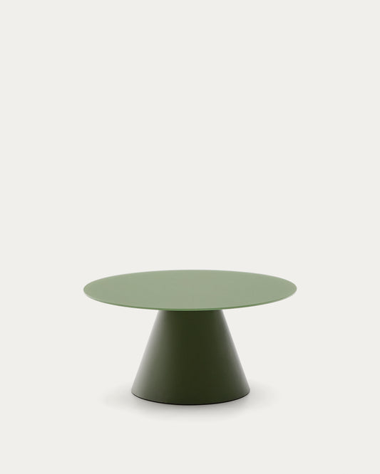 Tavolino Wilshire in vetro temperato smerigliato e acciaio verniciato verde opaco Ø80cm