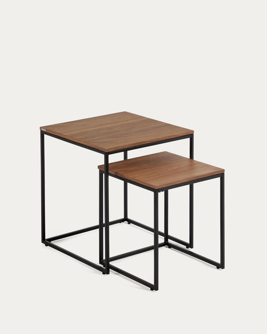 Set Yoana di 2 tavolini impiallacciati noce e struttura in metallo verniciato nero