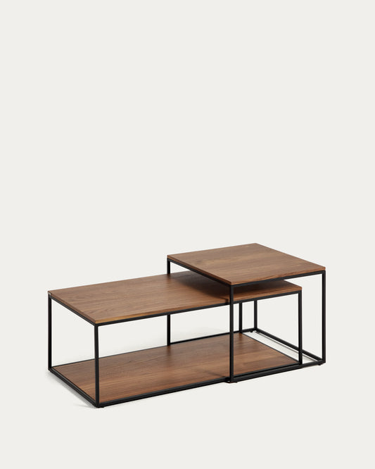 Set Yoana di 2 tavolini impiallacciati noce e struttura metallo verniciato nero