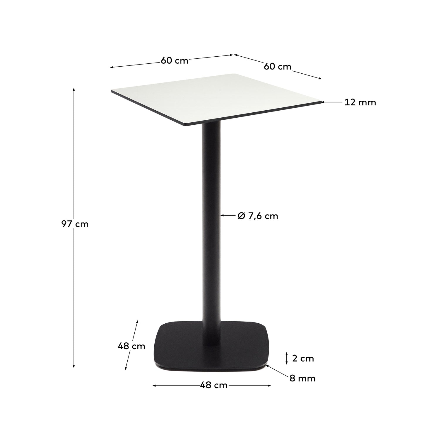 Tavolo alto per esterno Dina bianco con gamba di metallo rifinita in nero 60x60x96 cm