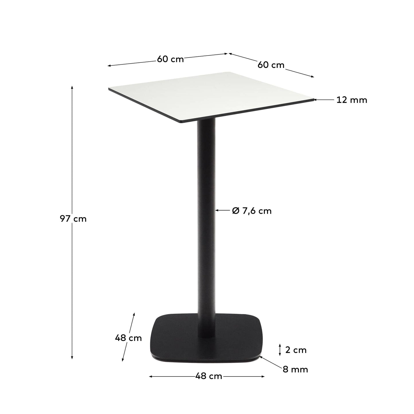 Tavolo alto per esterno Dina bianco con gamba di metallo rifinita in nero 60x60x96 cm