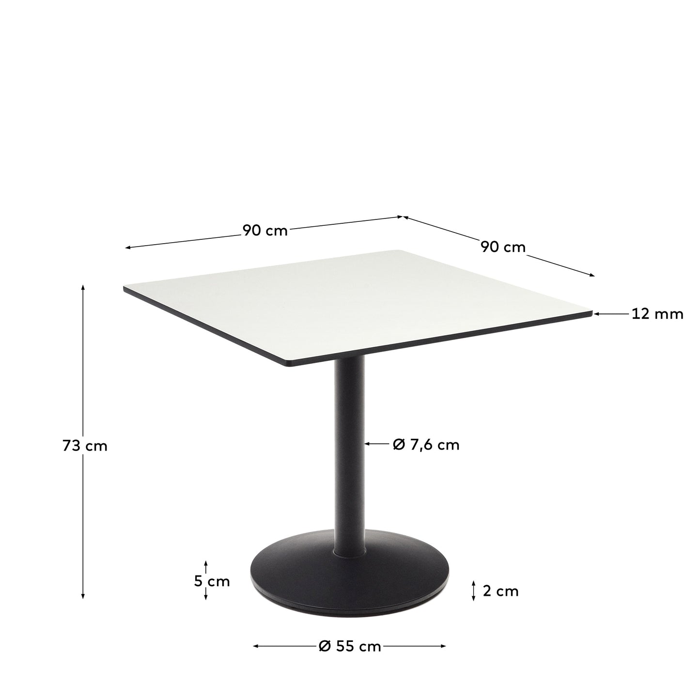 Tavolo da bar Esilda piano in bianco con gamba di metallo rifinita in nero 90 x 90 cm
