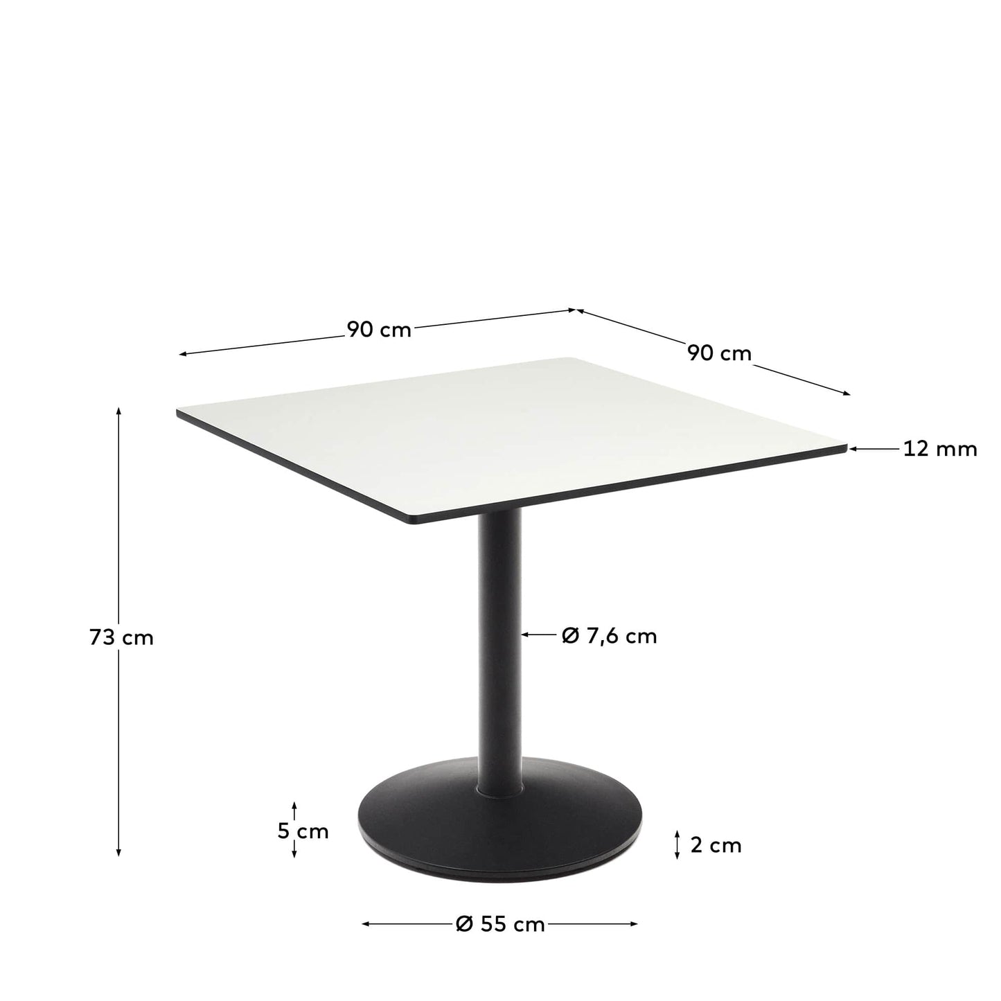 Tavolo da bar Esilda piano in bianco con gamba di metallo rifinita in nero 90 x 90 cm