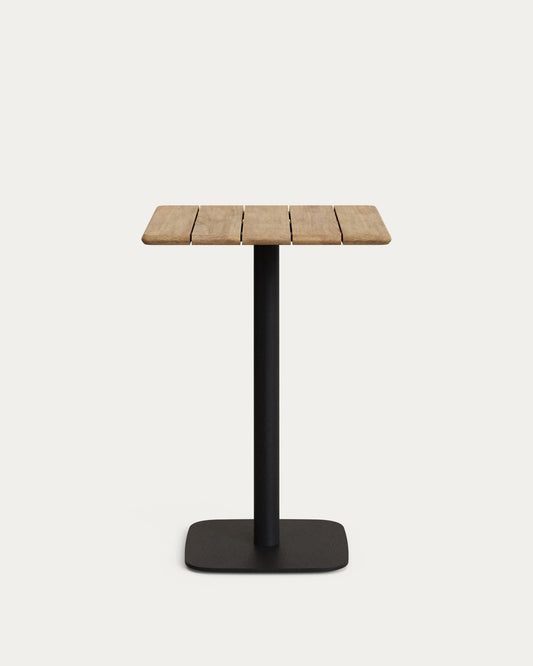 Tavolo bar alto Saura metallo nero e piano acacia finitura naturale 96x70x70 cm