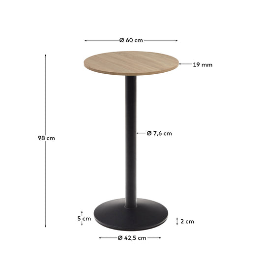 Tavolo alto rotondo da bar Esilda piano in melammina naturale con gamba di metallo rifinita in nero Ø 60 cm