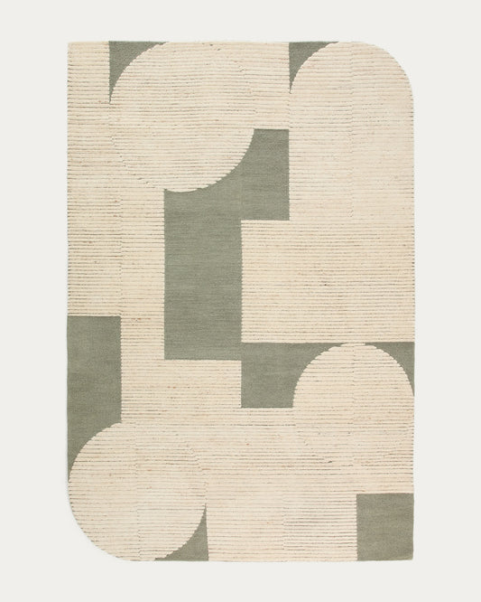 Tappeto Bralen in lana jacquard verde e beige 200 x 300 cm