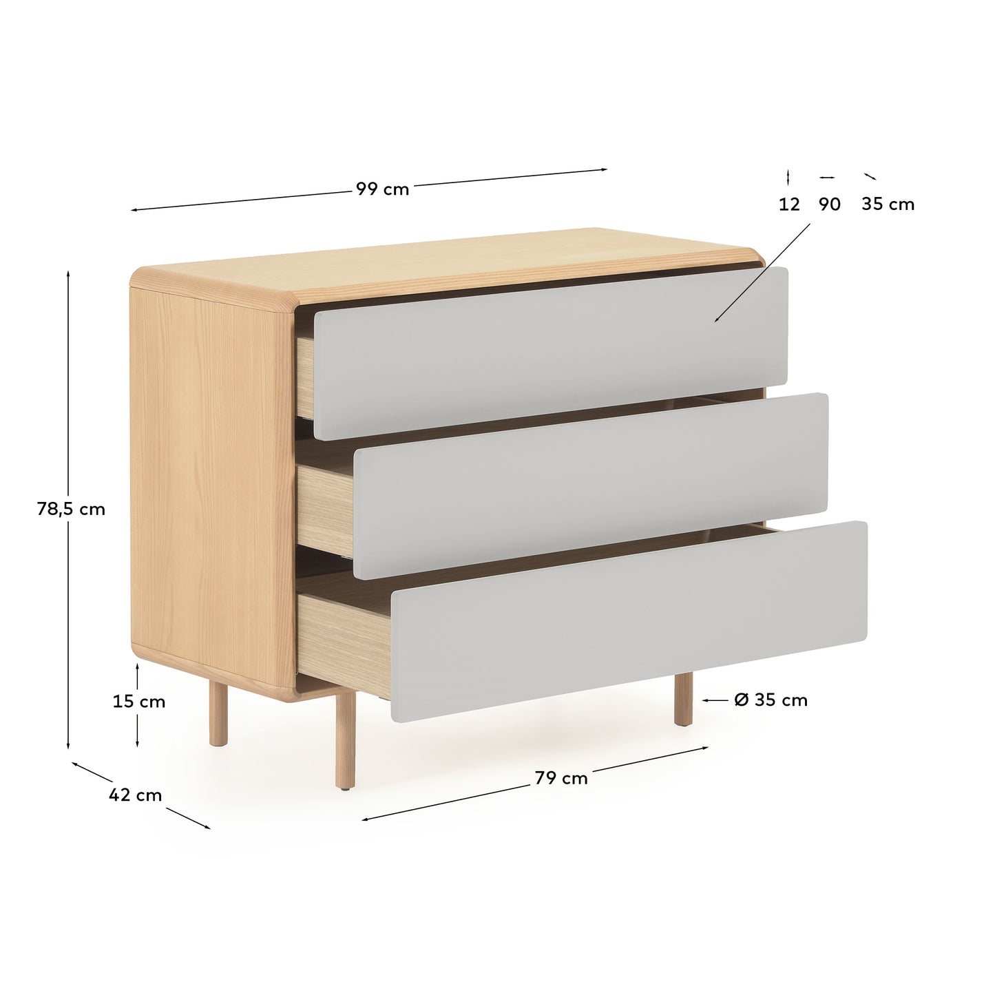 Comò Anielle 3 cassetti in legno massello e impiallacciato frassino 99 x 78,5 cm