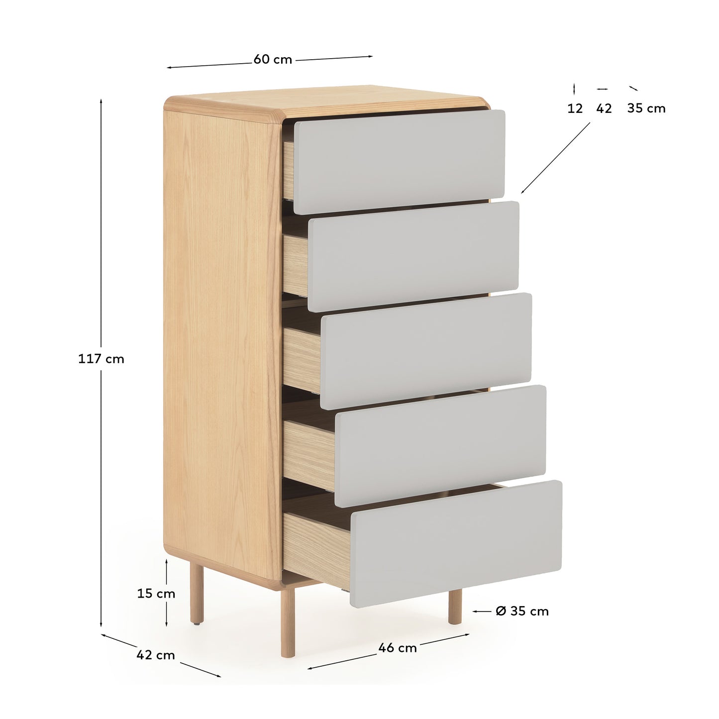 Cassettiera Anielle 5 cassetti in legno massello e impiallacciato frassino 60 x 117 cm