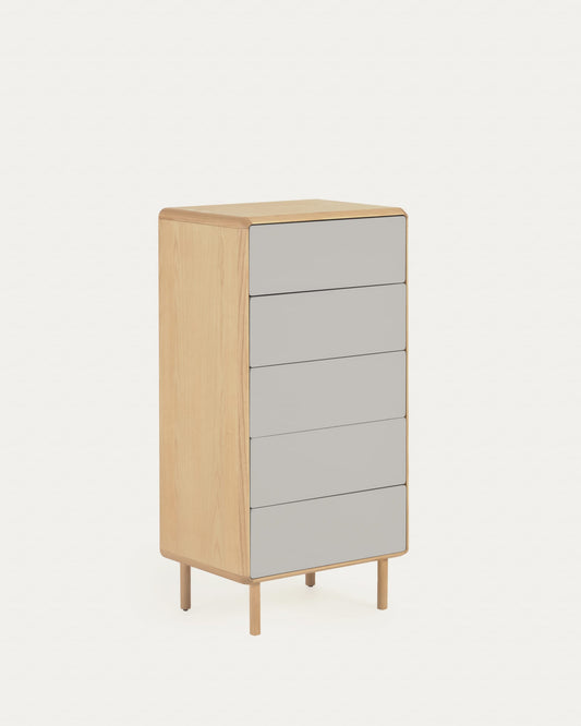 Cassettiera Anielle 5 cassetti in legno massello e impiallacciato frassino 60 x 117 cm