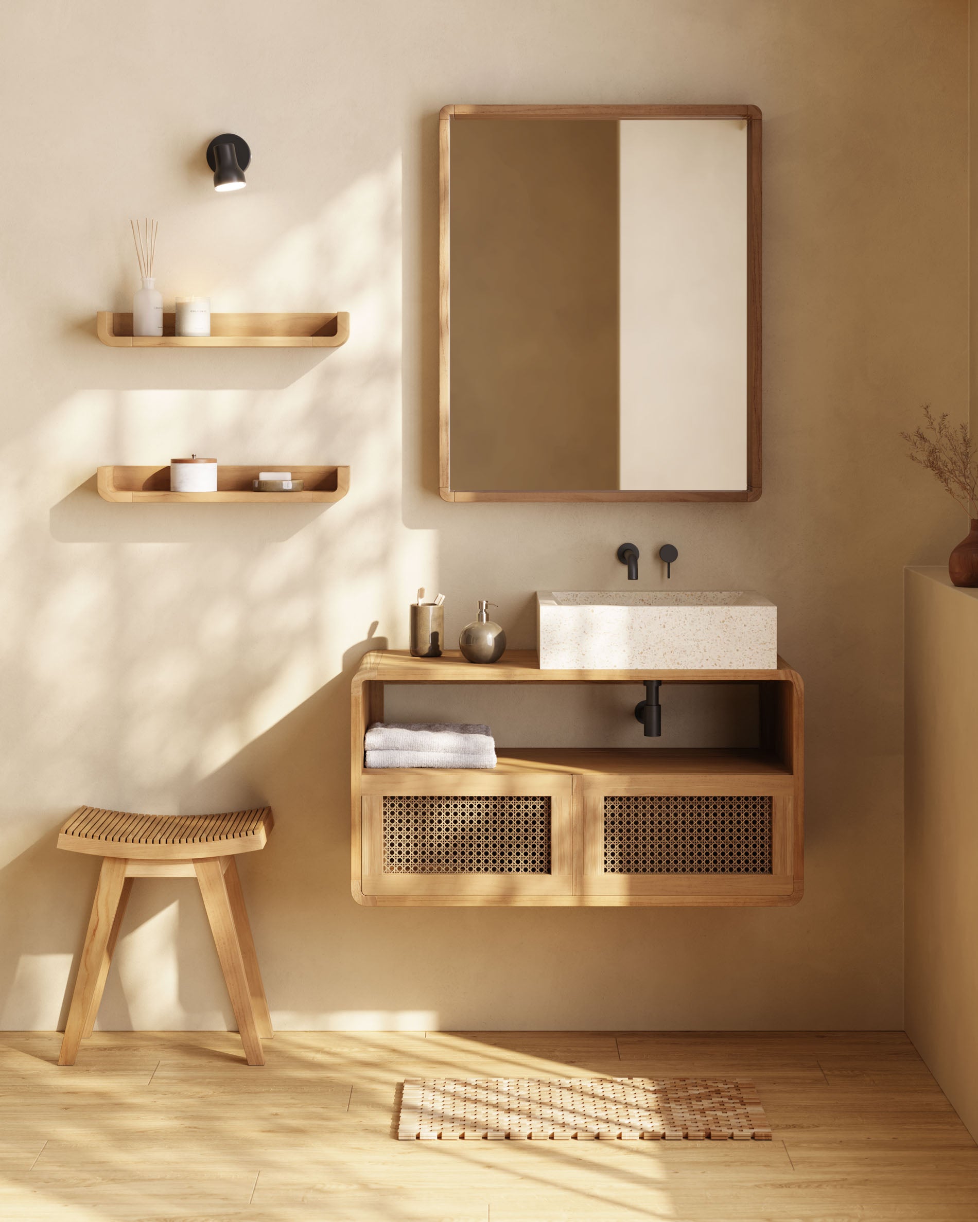 Mobiletto da bagno con specchio Kenta in legno massiccio di teak