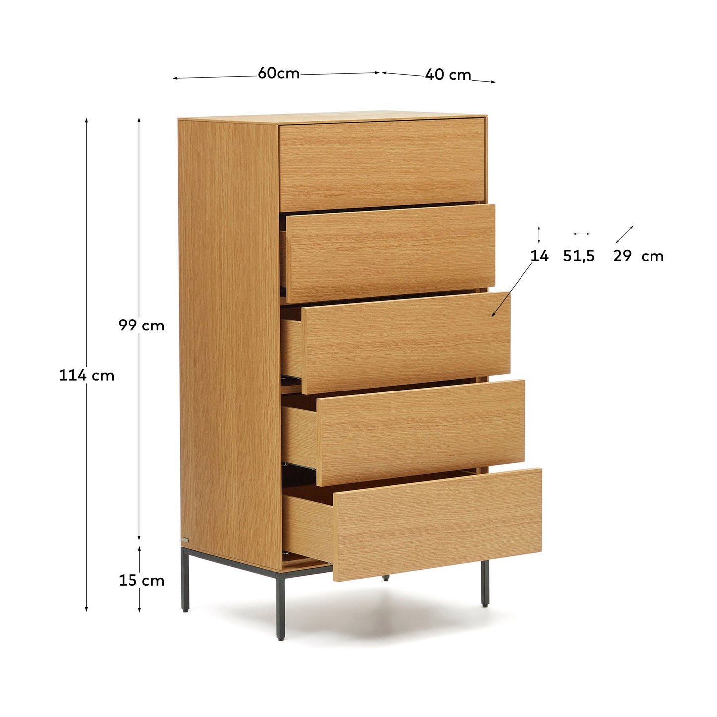 Cassettiera Vedrana 5 cassetti impiallacciato rovere e gambe in acciaio nero 60 x 114 cm