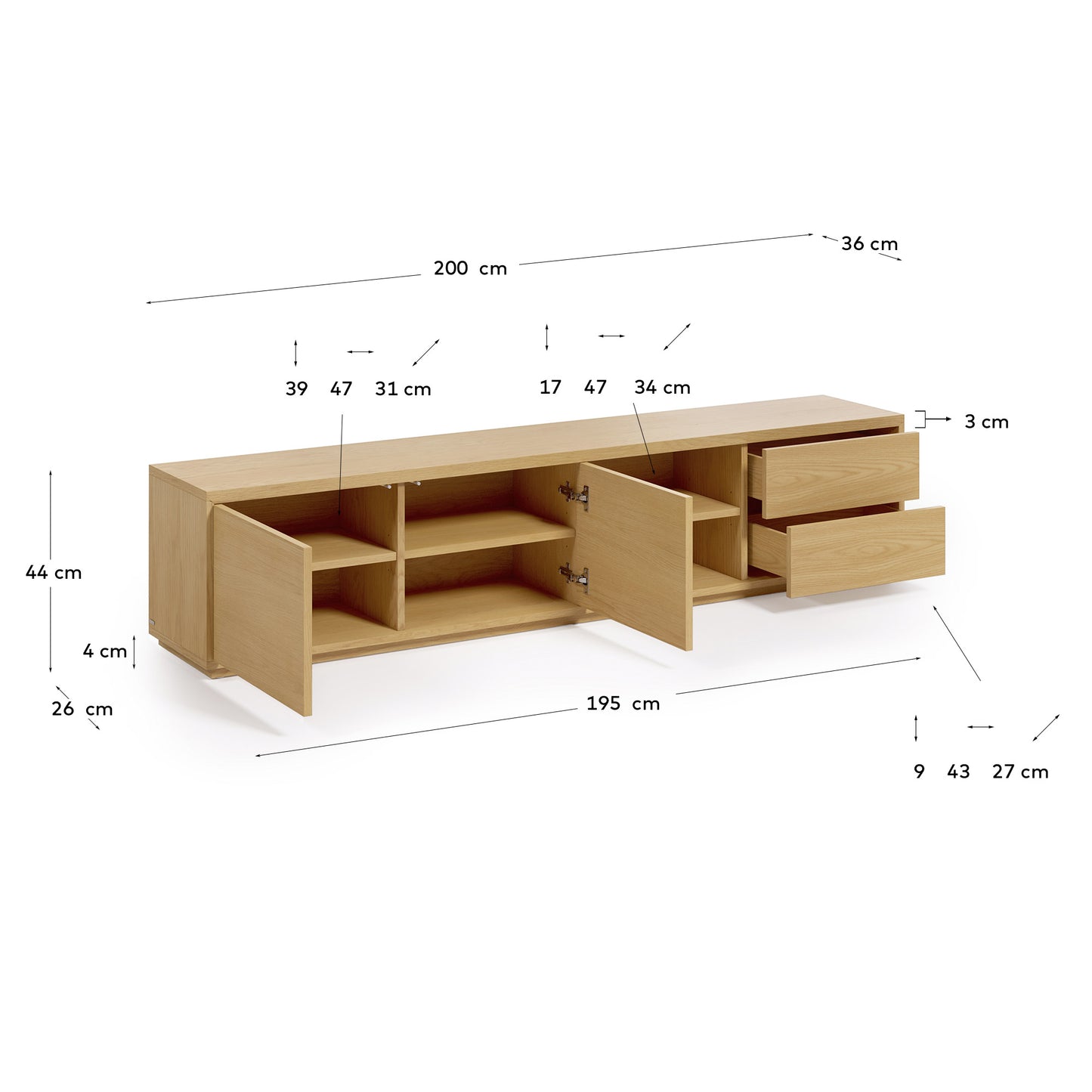 Mobile TV Abilen 2 ante e 2 cassetti impiallacciato rovere 200 x 44 cm
