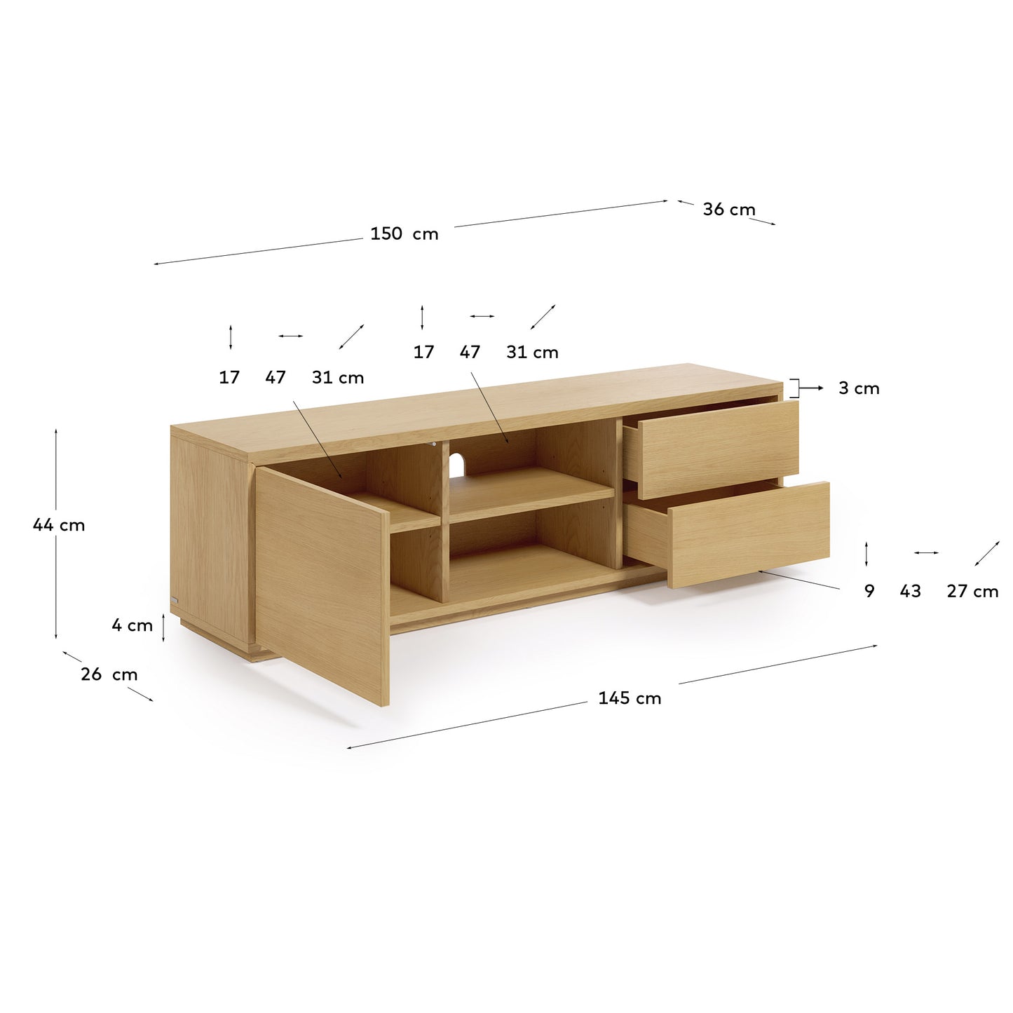Mobile TV Abilen 1 anta e 2 cassetti impiallacciato rovere 150 x 44 cm