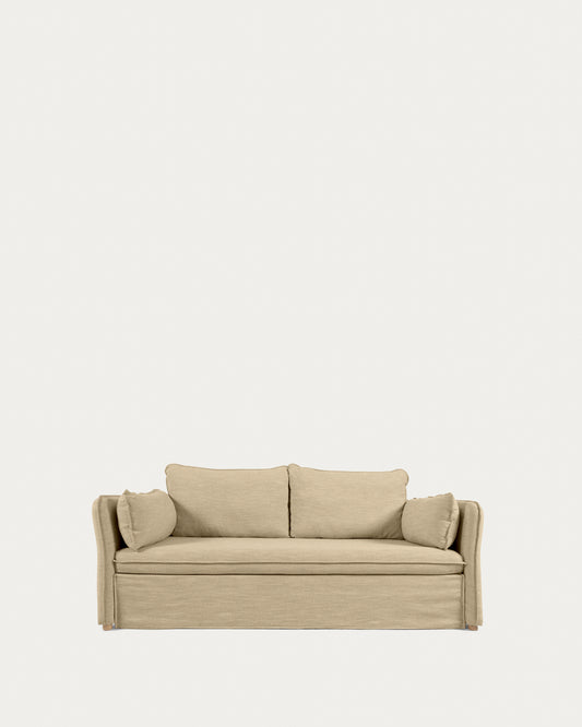 Divano letto Tanit beige con piedi in legno massello di faggio finitura naturale 210 cm