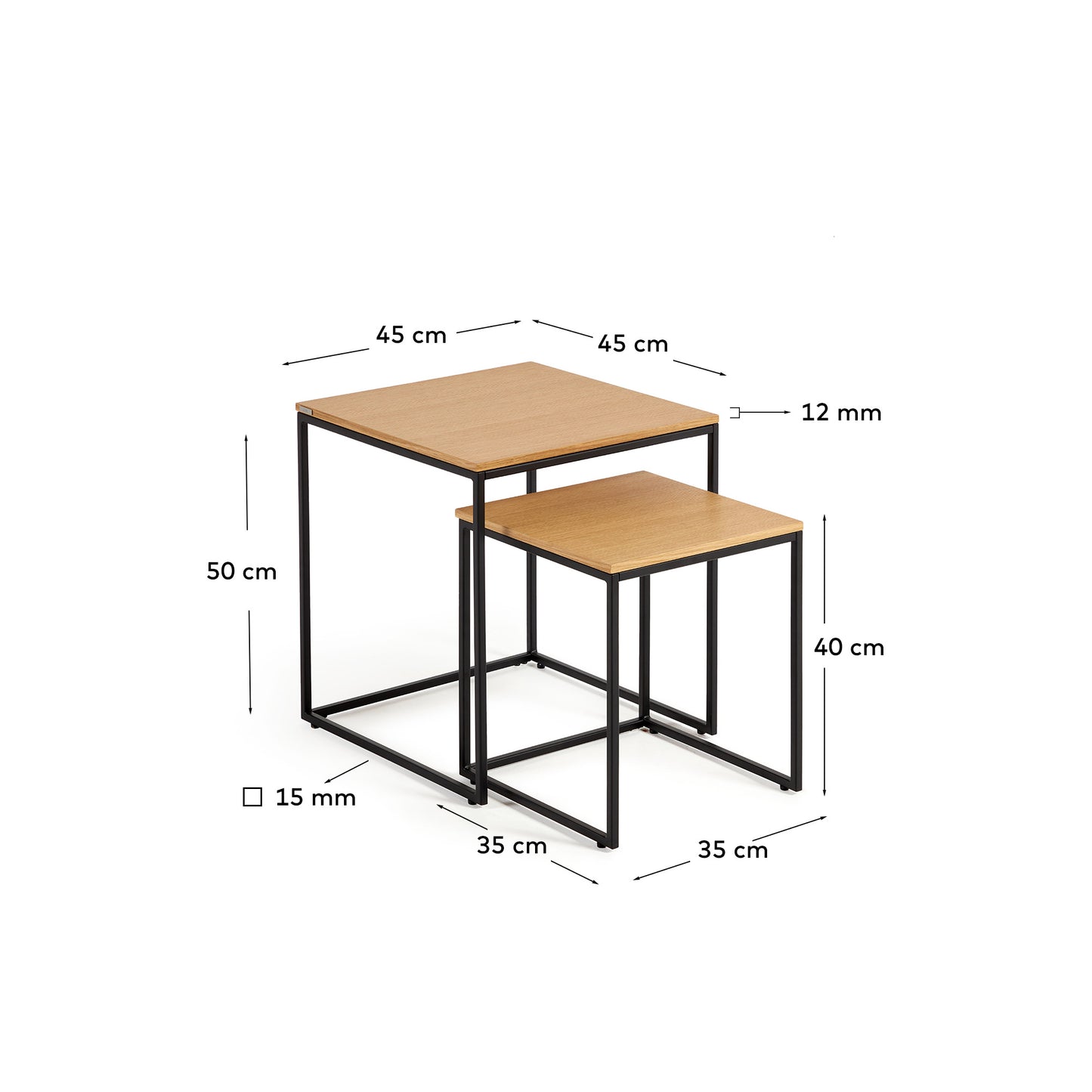 Set Yoana di 2 tavolini impiallacciati rovere e struttura in metallo verniciato nero
