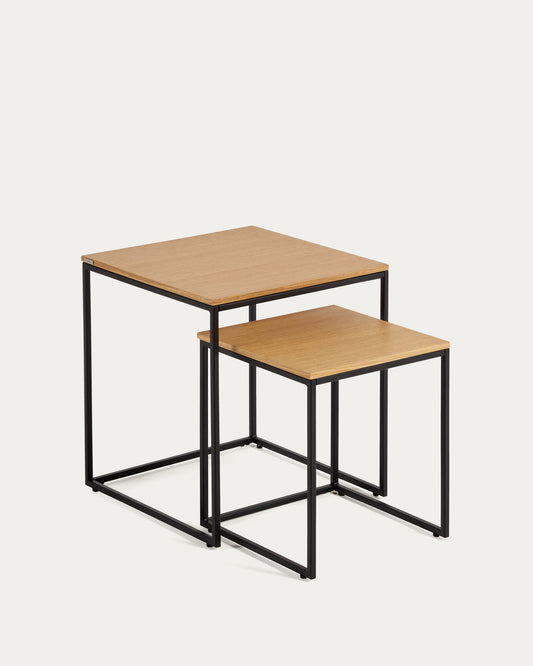 Set Yoana di 2 tavolini impiallacciati rovere e struttura in metallo verniciato nero