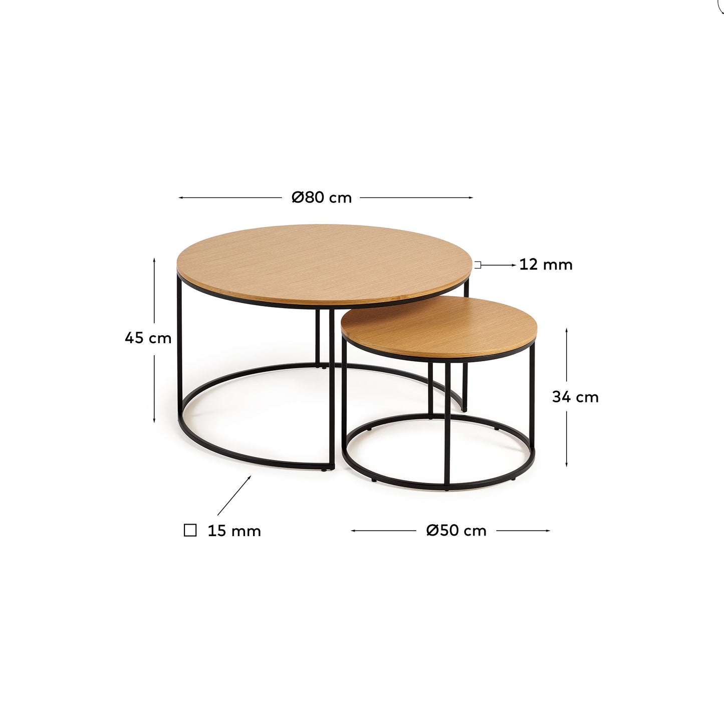 Set Yoana di 2 tavolini impiallacciati rovere e metallo verniciato nero Ø 80 cm / Ø 50 cm