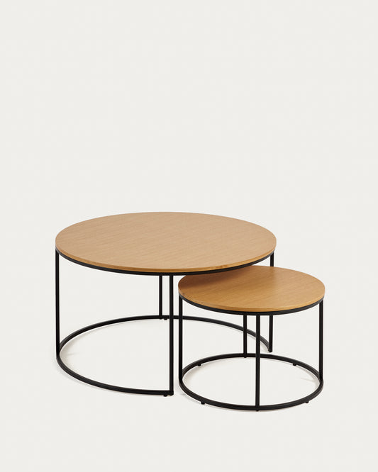 Set Yoana di 2 tavolini impiallacciati rovere e metallo verniciato nero Ø 80 cm / Ø 50 cm