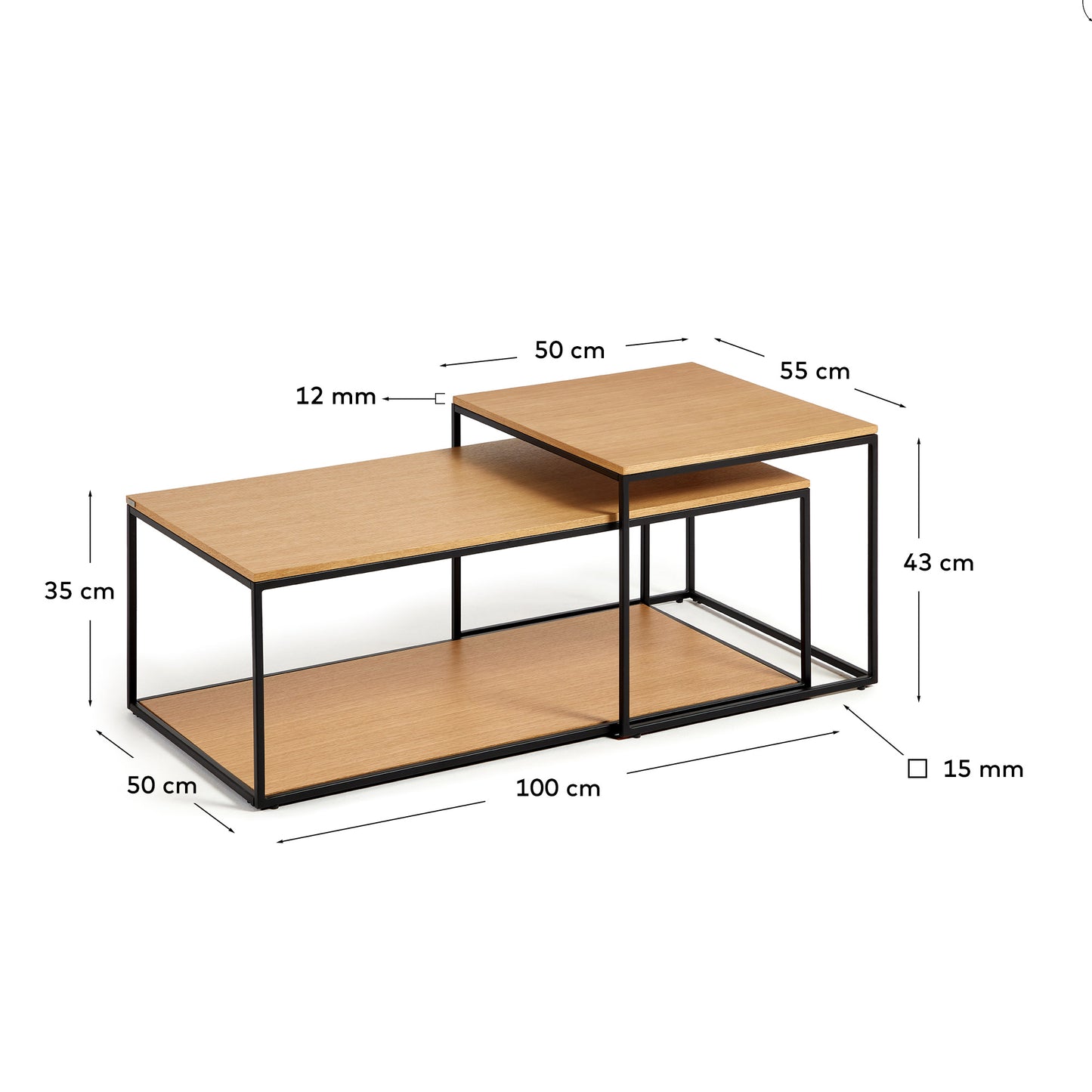 Set Yoana di 2 tavolini impiallacciati rovere e struttura metallo verniciato nero