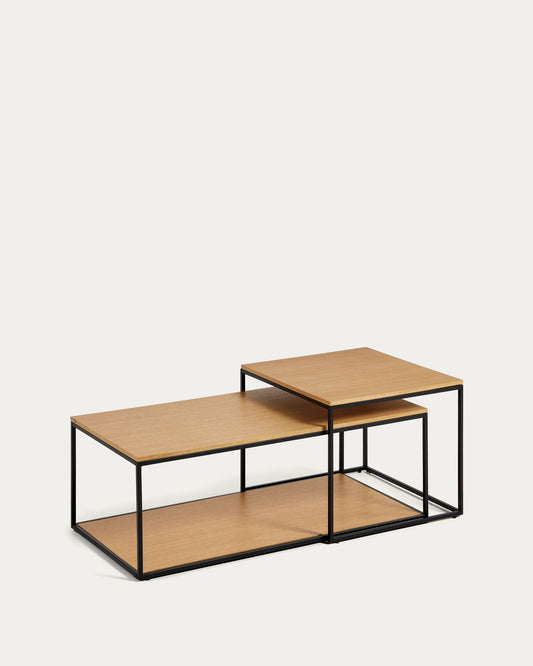 Set Yoana di 2 tavolini impiallacciati rovere e struttura metallo verniciato nero