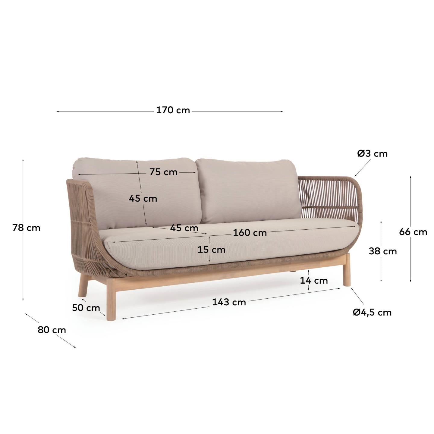 Divano Catalina 3 posti in corda beige e legno massello di acacia 170 cm