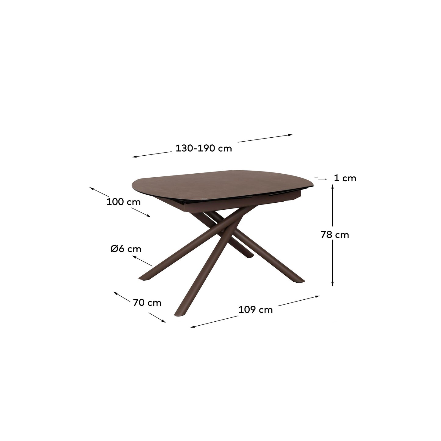 Tavolo allungabile Yodalia in porcellana e gambe acciaio finitura marrone 130(190)x100 cm