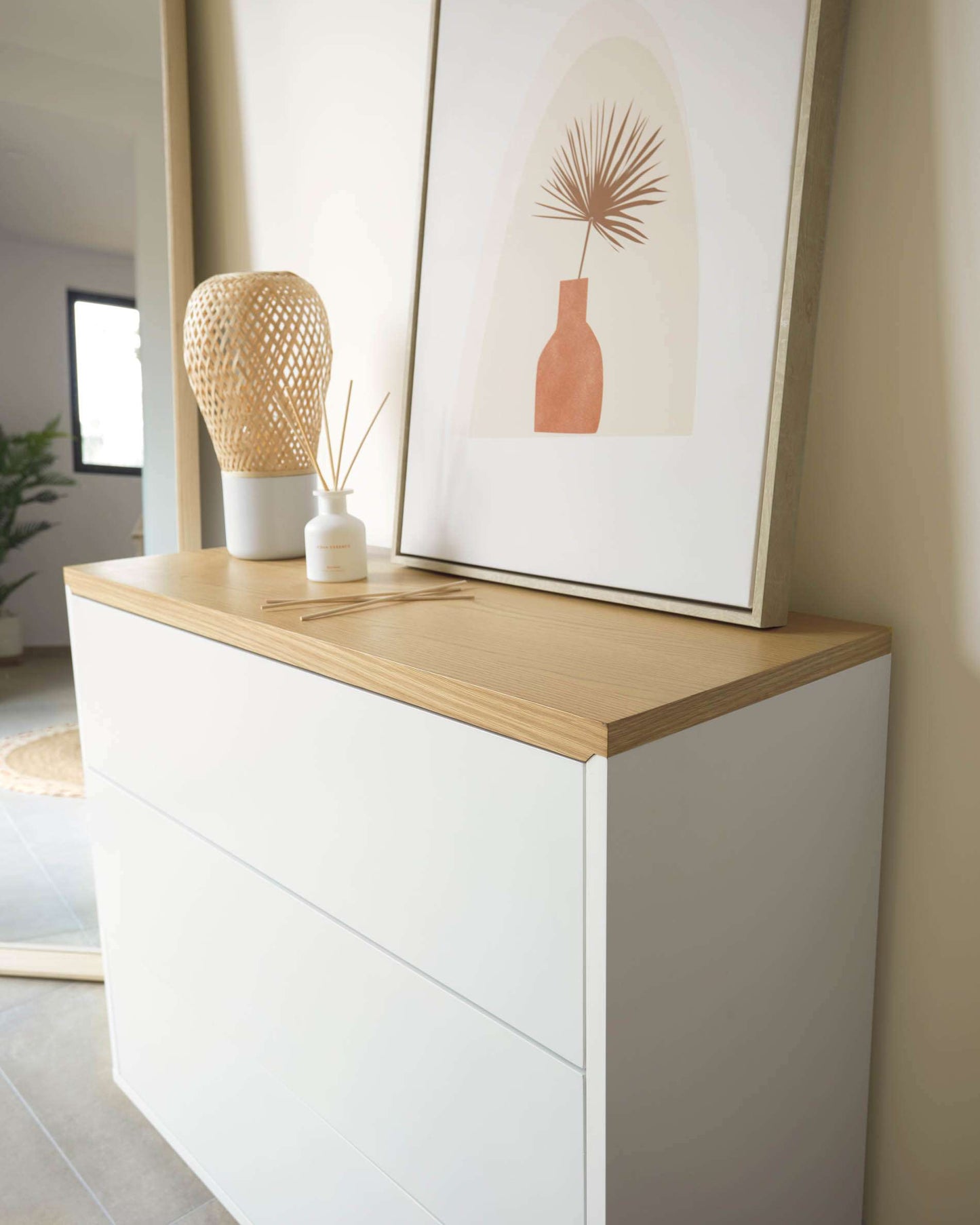 Cassettiera Abilen 3 cassetti impiallacciato rovere e laccato bianco 90 x 75 cm