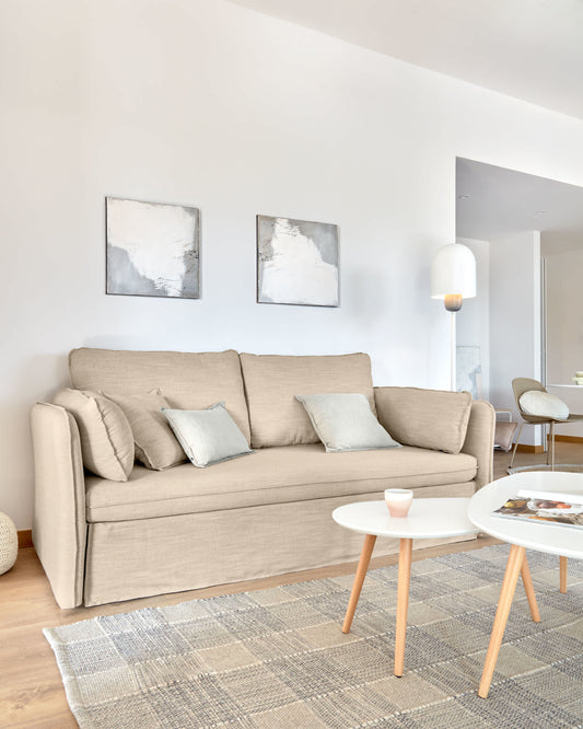 Divano letto Tanit beige con piedi in legno massello di faggio finitura naturale 210 cm