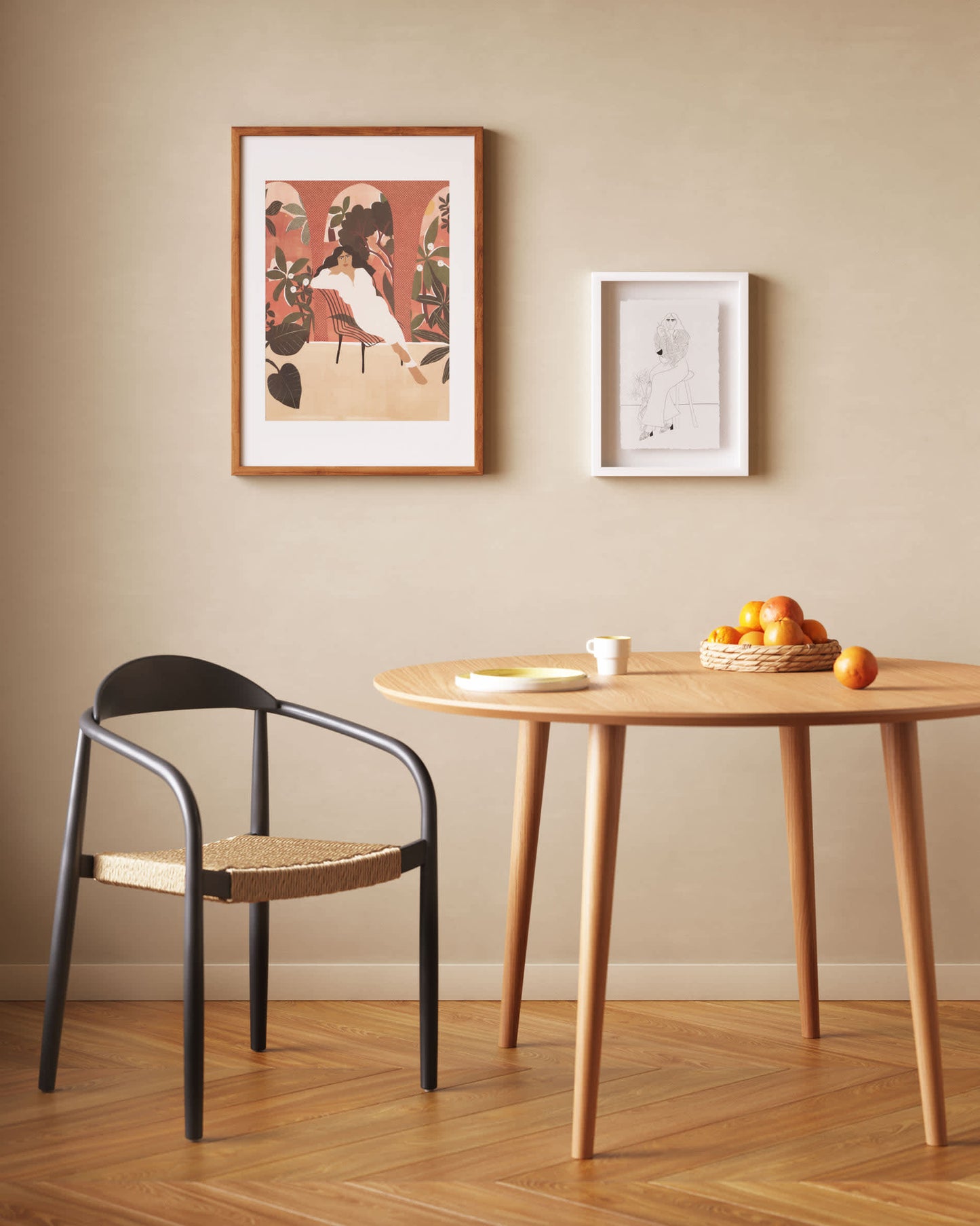 Sedia Nina in legno massello di acacia finitura nera e corda di carta beige