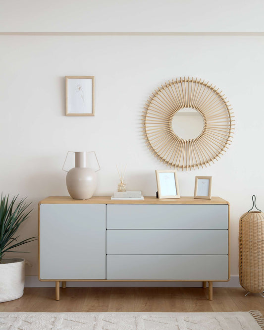 Credenza Anielle 1 anta 3 cassetti in legno massello e impiallacciato frassino 150 x 78 cm