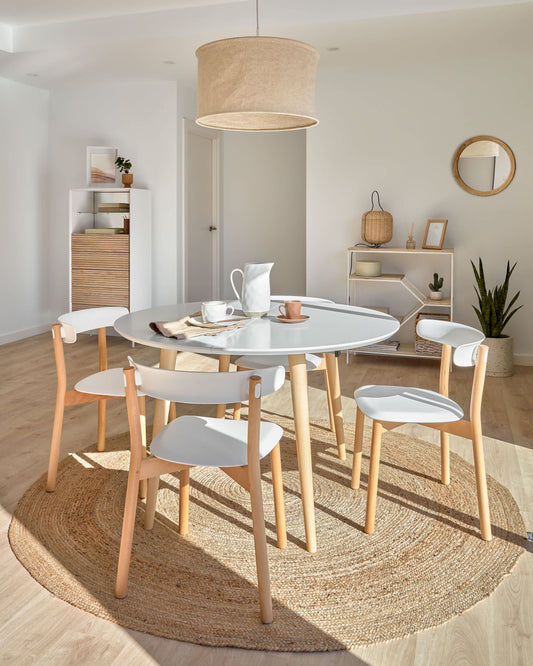 Tavolo rotondo allungabile Oqui MDF laccato bianco gambe massello di faggio 120(200)x120cm