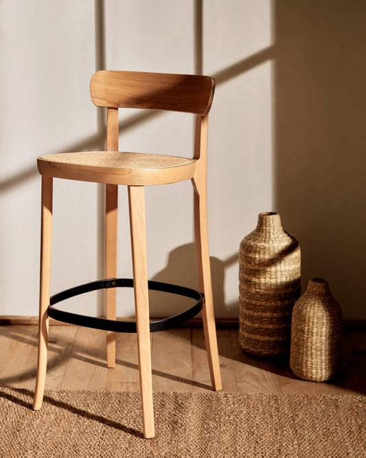 Sgabello Romane legno di faggio naturale impiallacciato frassino e rattan altezza 75 cm
