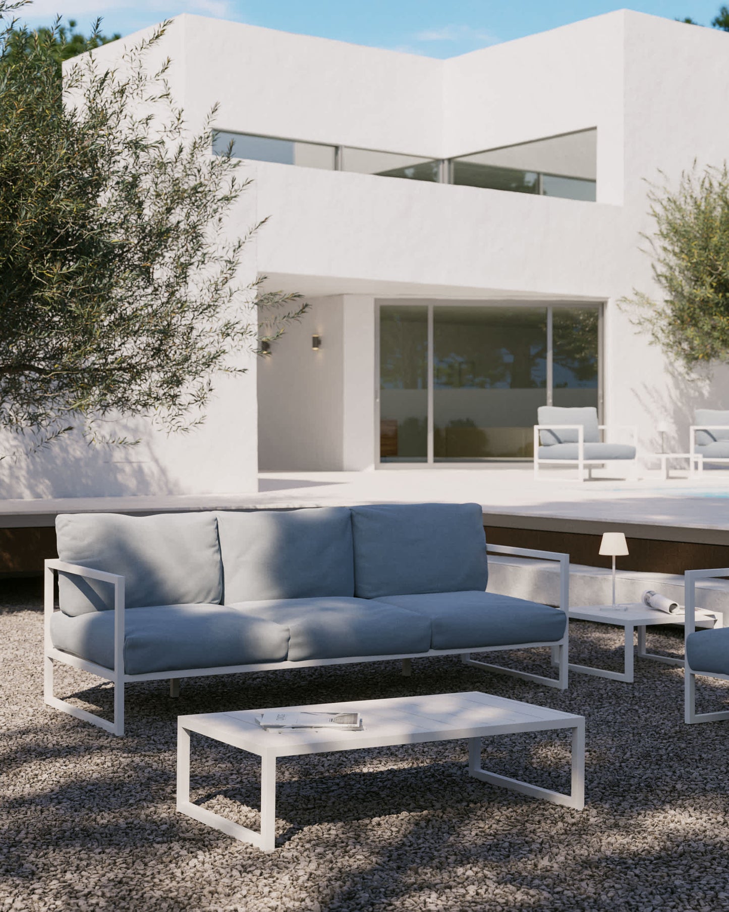 Divano 100% da esterno Comova 3 posti blu ed alluminio bianco 222 cm