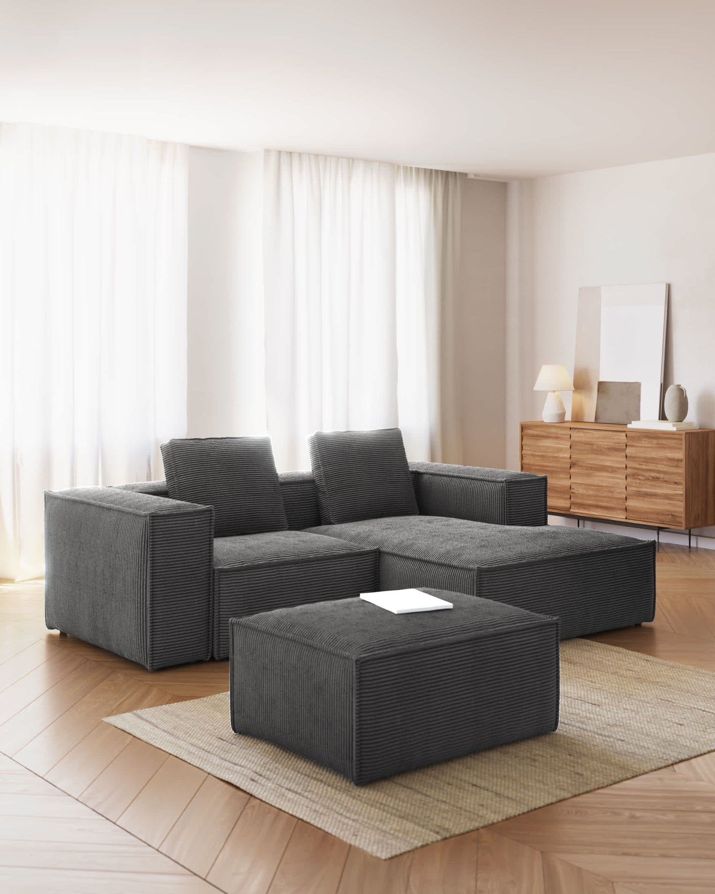 Divano Blok 2 posti in velluto a coste spesso grigio con chaise longue destra 240 cm FSC Mix Credit