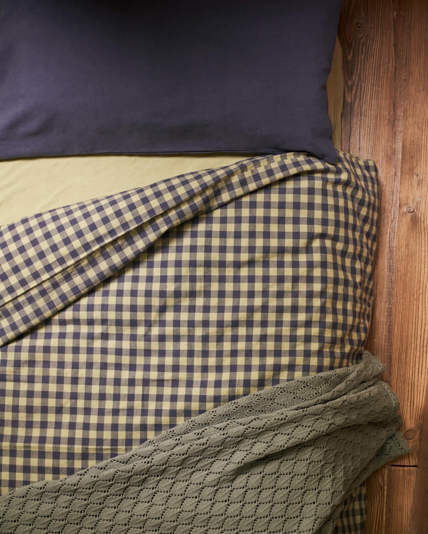Set Yanil copripiumino, lenzuolo con angoli e federa 100% cotone a quadrati verde e blu 60x120cm