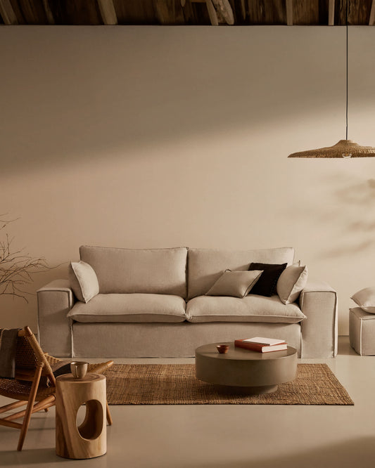 Divano sfoderabile Anarela 3 posti con cuscini di lino beige 280 cm