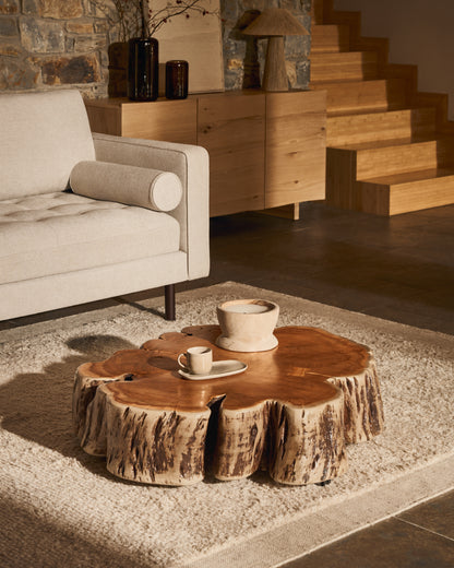 Tavolino da salotto Tavine in legno massiccio di acacia sbiancato con rotelle Ø 85 cm