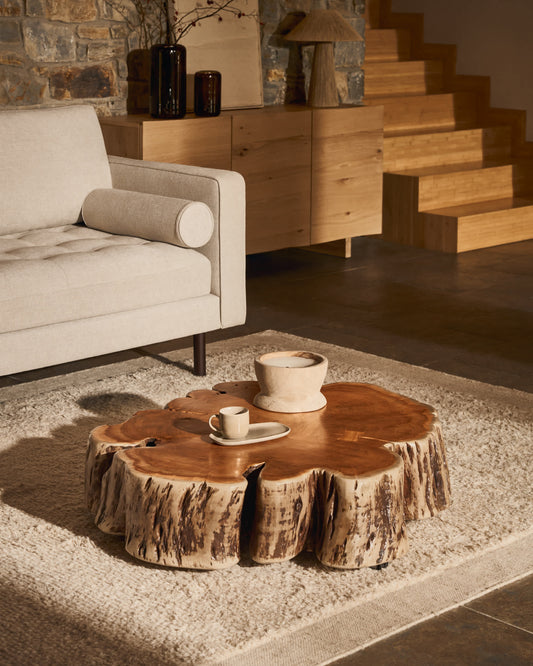 Tavolino da salotto Tavine in legno massiccio di acacia sbiancato con rotelle Ø 85 cm