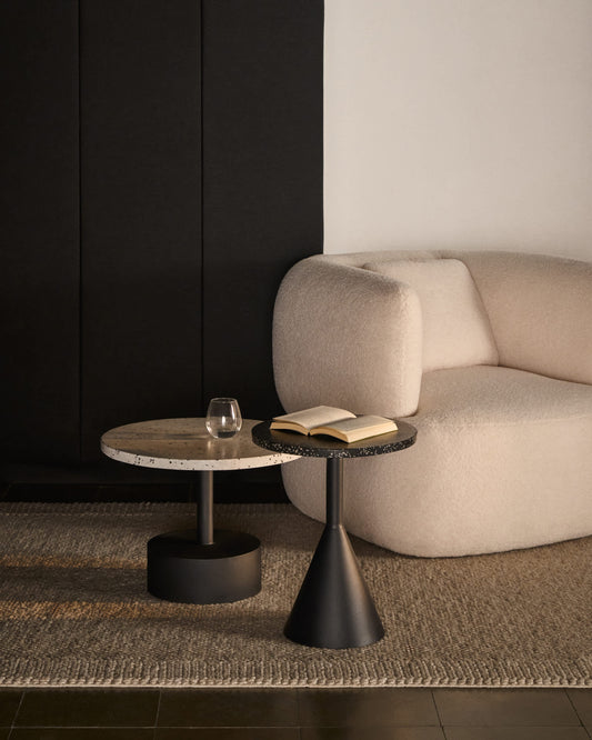 Tavolino Delano in terrazzo nero e gambe in acciaio finitura nera Ø 40 cm