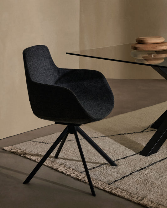 Sedia girevole con ritorno automatico Tissiana di ciniglia grigio scuro e alluminio nero opaco